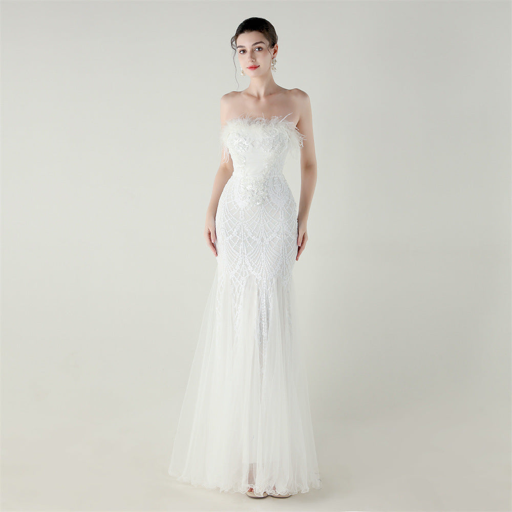 Sequin Beaded Tube Flower Ostrich Feather Tube Top Cross Strap Mesh Fishtail Evening Dress Cocktail Wedding
