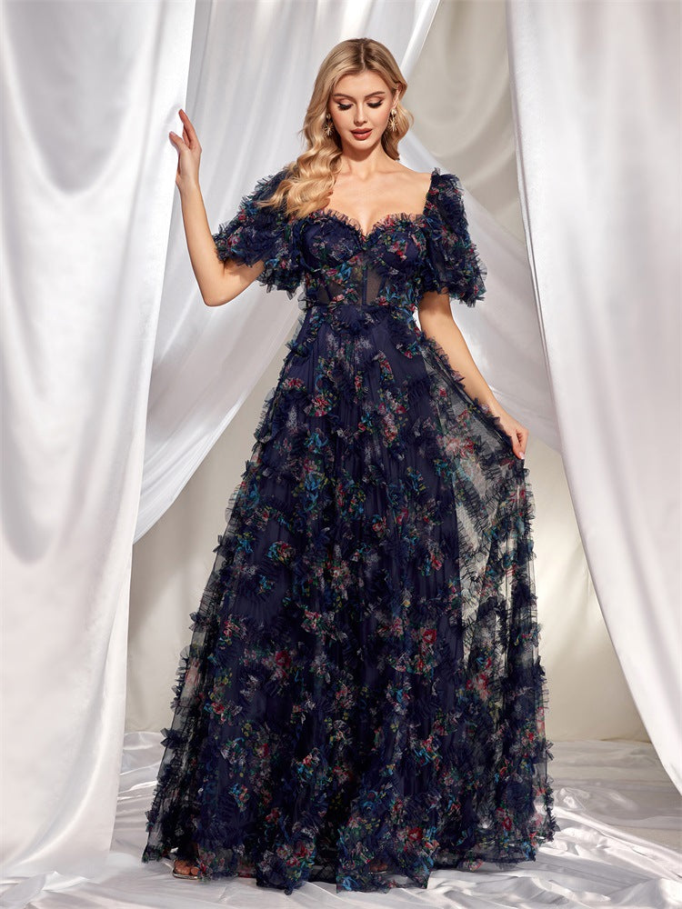 Evening Wear High Grade Botanical U Neck Evening Dress Short Sleeve Slim Fit Party Cocktail