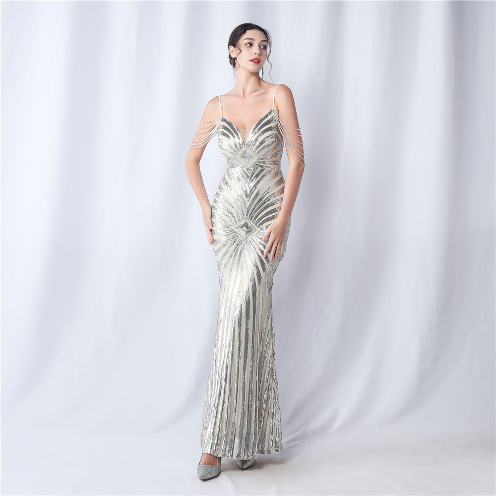 Flower Cutting Craft Beaded Wedding Annual Meeting Host Sequin Sling Night