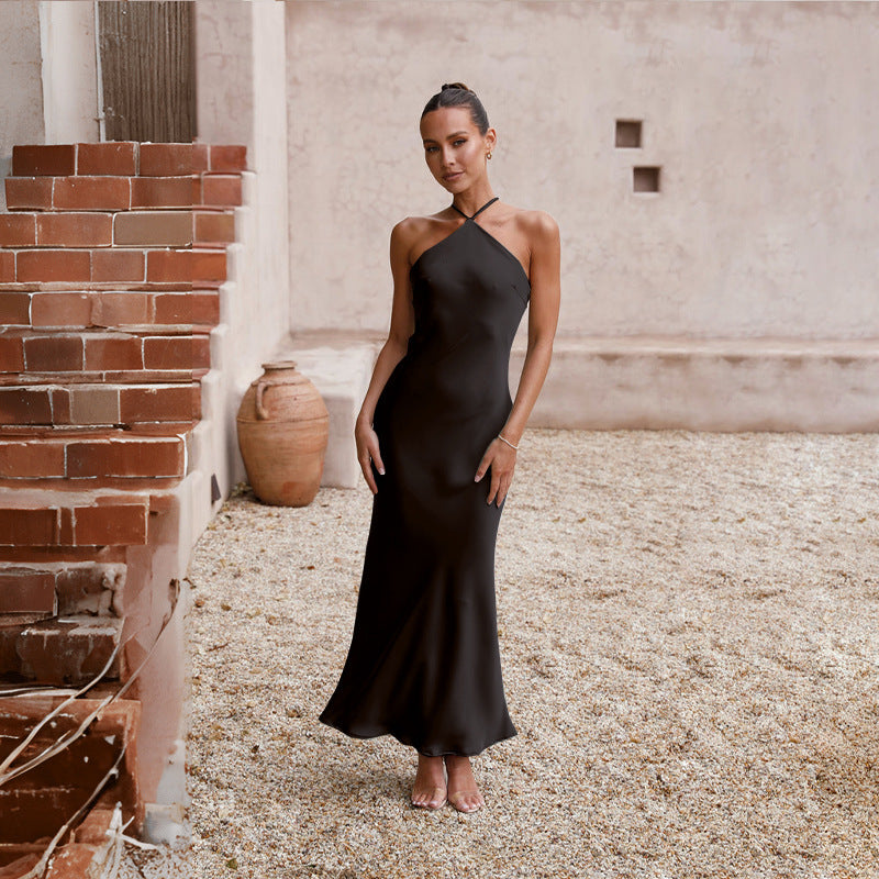 Color Solid Slim Fit Backless Halter Tight Dress