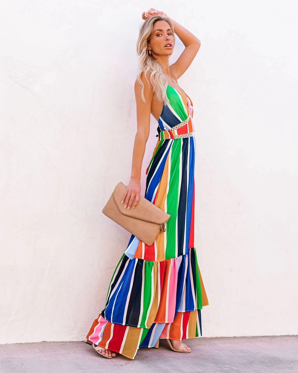 Fiesta To Siesta Crochet Striped Maxi Dress Yellow Orange Multi
