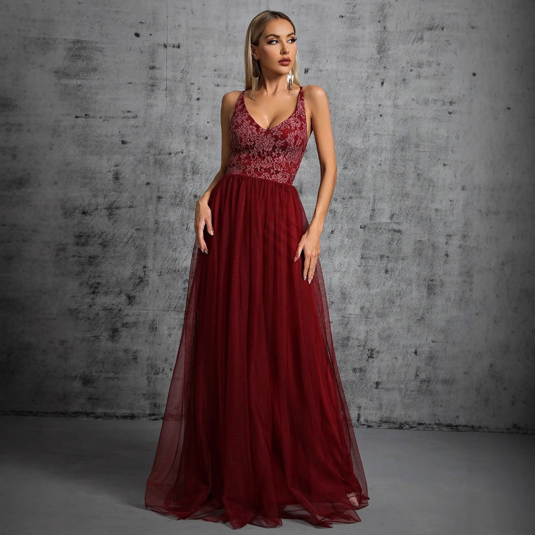 Refined Suspender Evening Dress V neck A line Long Party Evening Dress Annual Meeting Catwalk Dress