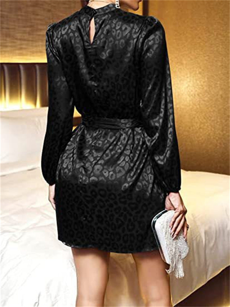 Satin Vicky Embossed Belted Shirt Dress Black