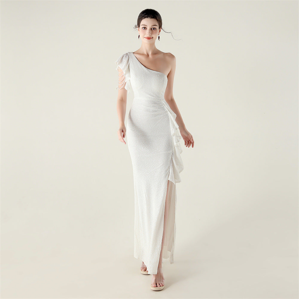 One Shouldered Ruffles Embellished Beaded Chain Handmade Sequined Evening Dress Cocktail Party Wedding