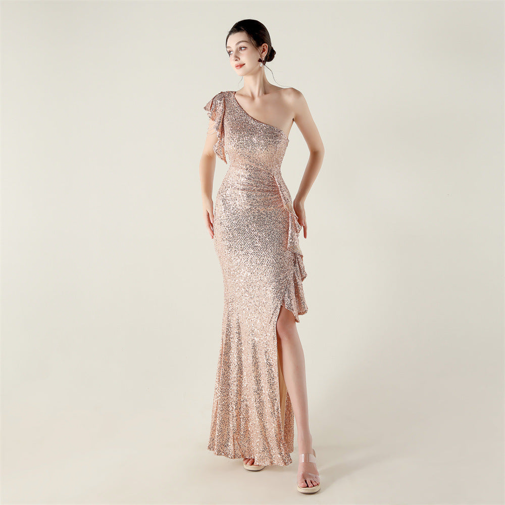 One Shouldered Ruffles Embellished Beaded Chain Handmade Sequined Evening Dress Cocktail Party Wedding