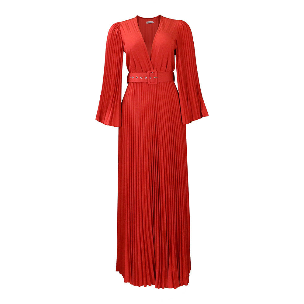 Women Clothing V neck Attractive Pleated Formal Swing Dress Maxi Dress