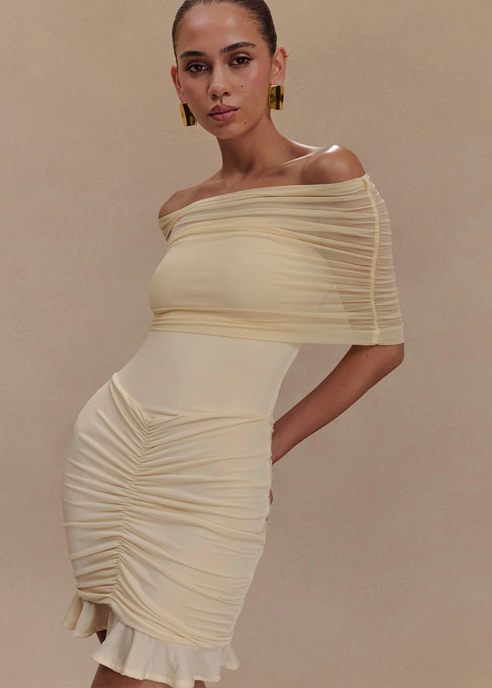 Mesh Off-Shoulder Ruched Mini Dress