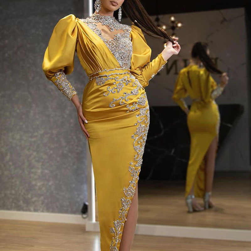 Spring Gold Women Wedding Satin Large Swing Chic Dress Trailing Cocktail Evening Dress