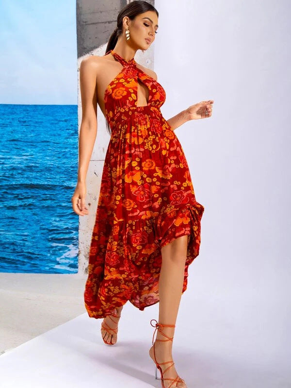 Plum Flower Backless Halter Mini Dress