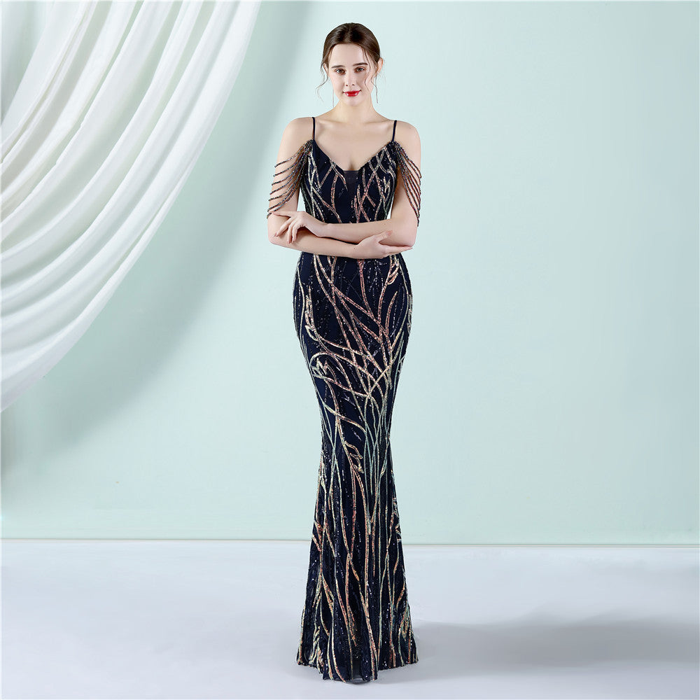 Sling Sequin Toast Dress Bride Extended Appreciation Dinner Slim-Fit Fishtail Wedding Car Model Exhibition Dress