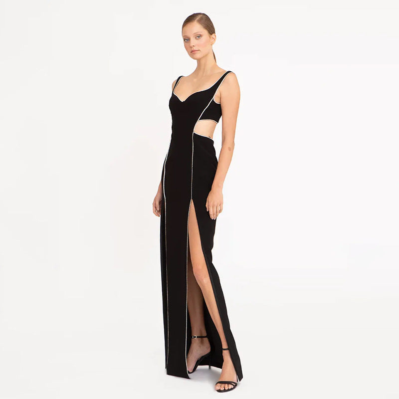 Bandage Tight One Piece Dress Split Sleeveless Drilling Diamond Cropped Outfit Dress