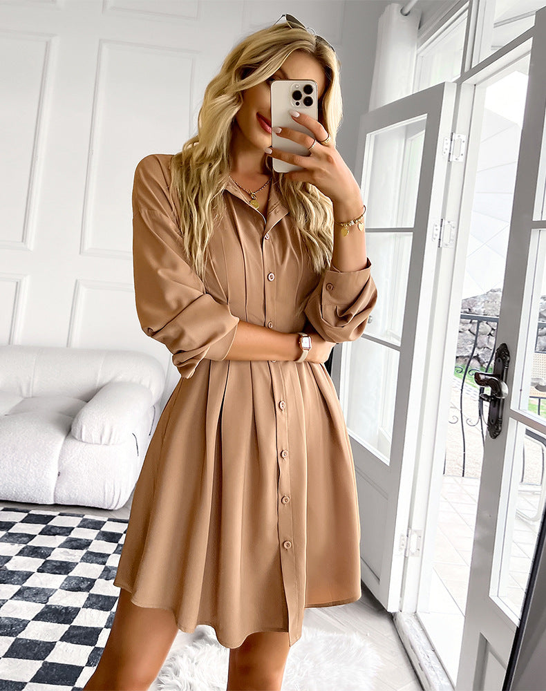 Pintuck Sarabeth Button Down Shirt Dress Camel
