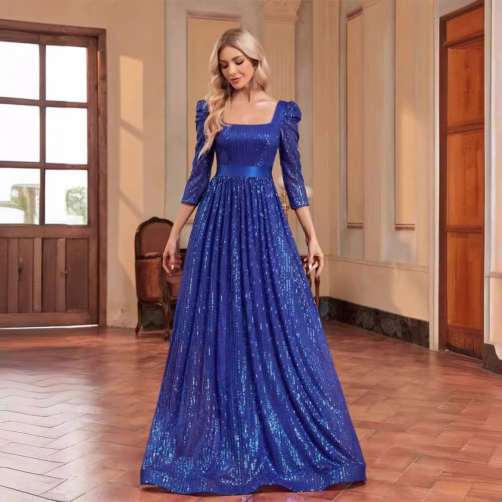 Sequin Blue Long Sleeved Evening Dress Slimming Sophisticated Cocktail Party Dress Bridesmaid