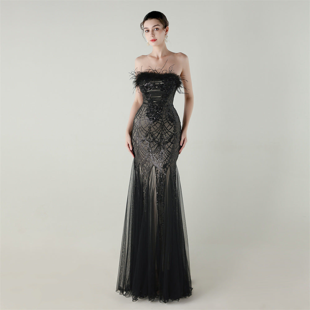 Sequin Beaded Tube Flower Ostrich Feather Tube Top Cross Strap Mesh Fishtail Evening Dress Cocktail Wedding