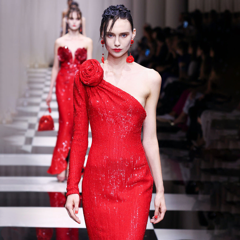 Christmas Red Three Dimensional One Shoulder Flower Sequin Formal Dress Stretch Dress Winter