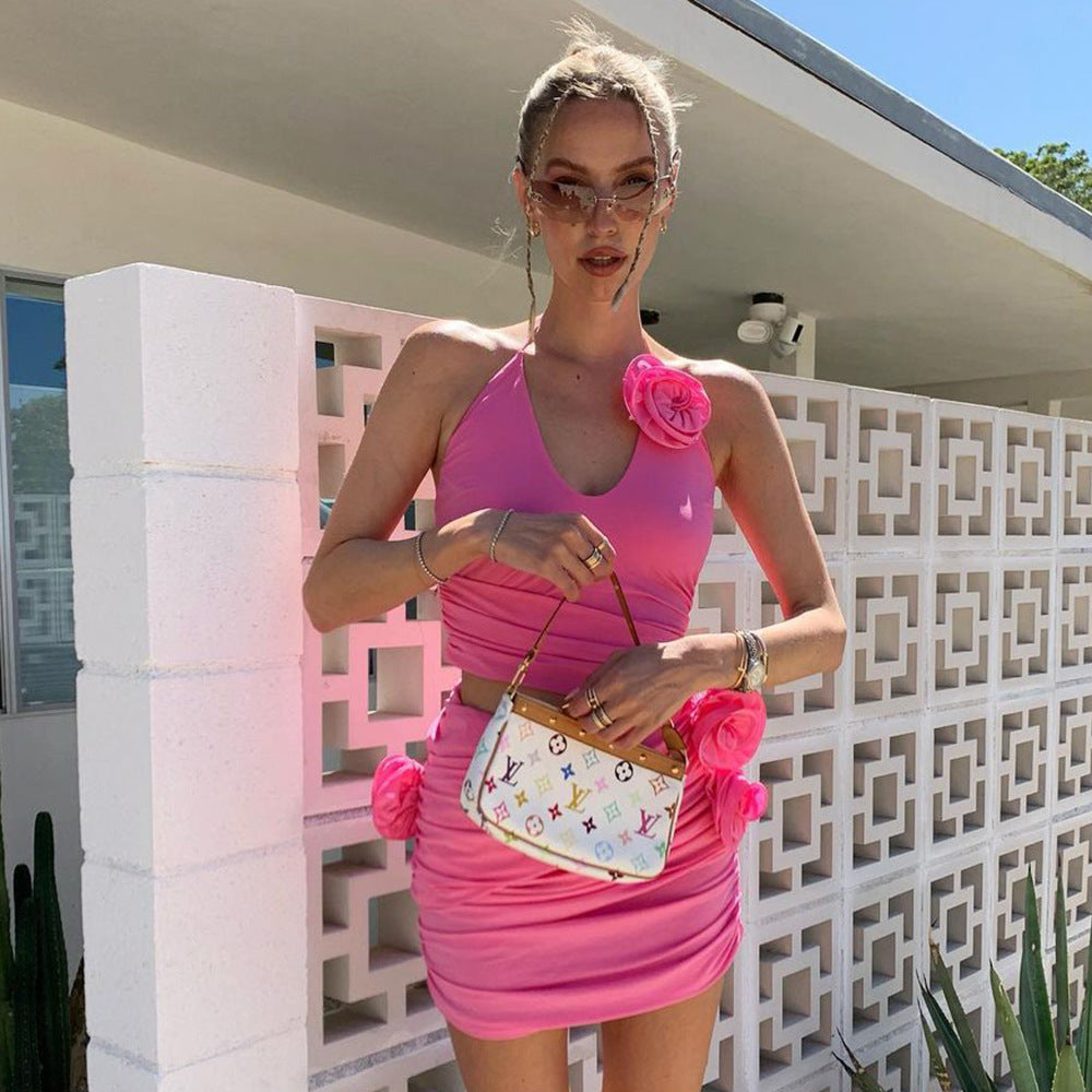 Fall Pink Three Dimensional Botanical Halterneck Dopamine Wear Cutout Dress
