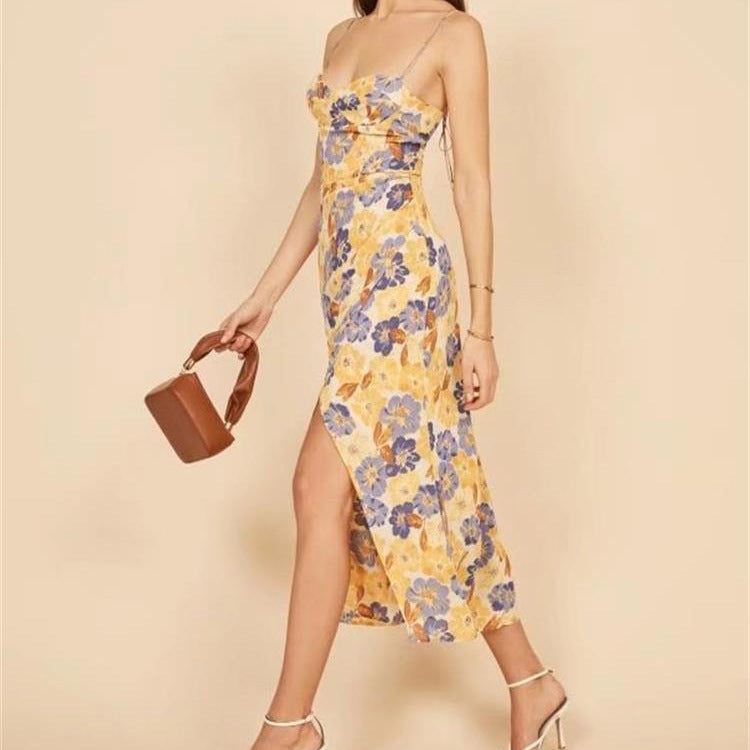 Fauve Bloom Satin Cowl Neck Midi Dress Yellow