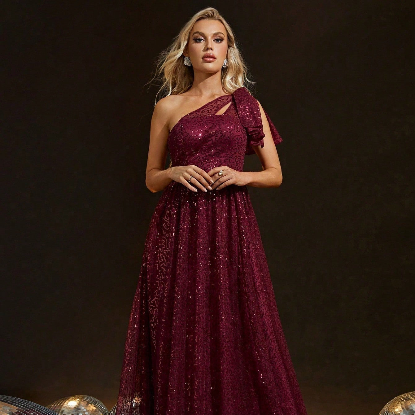 One Sequined Shoulder Evening Dress Bride Wine Red Toast Dress Adult Ceremony Party Dress Slim Fit Annual Party Evening