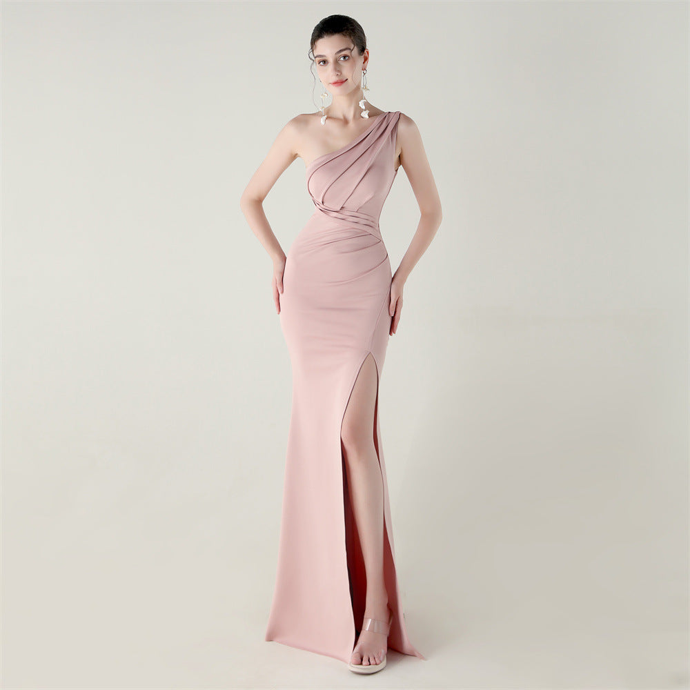 One Shoulder Slim Fit Satin Folding High Slit Chic Evening Dress Fishtail Dress Dinner Wedding Social Networking