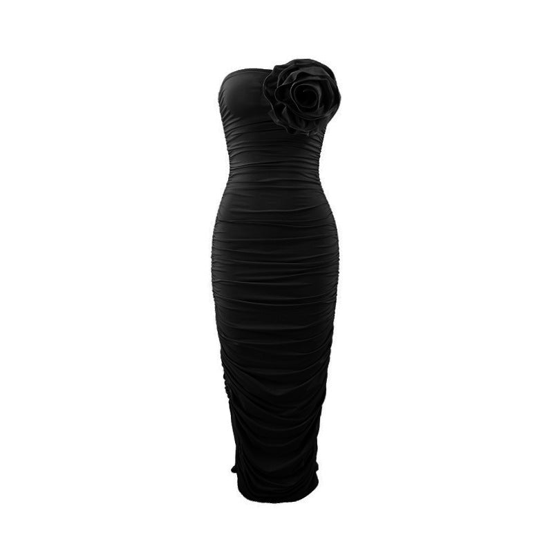 Summer Sexy Bandeau Slim Fit Hip Wrapped Pleated Three Dimensional Flower Midi Dress