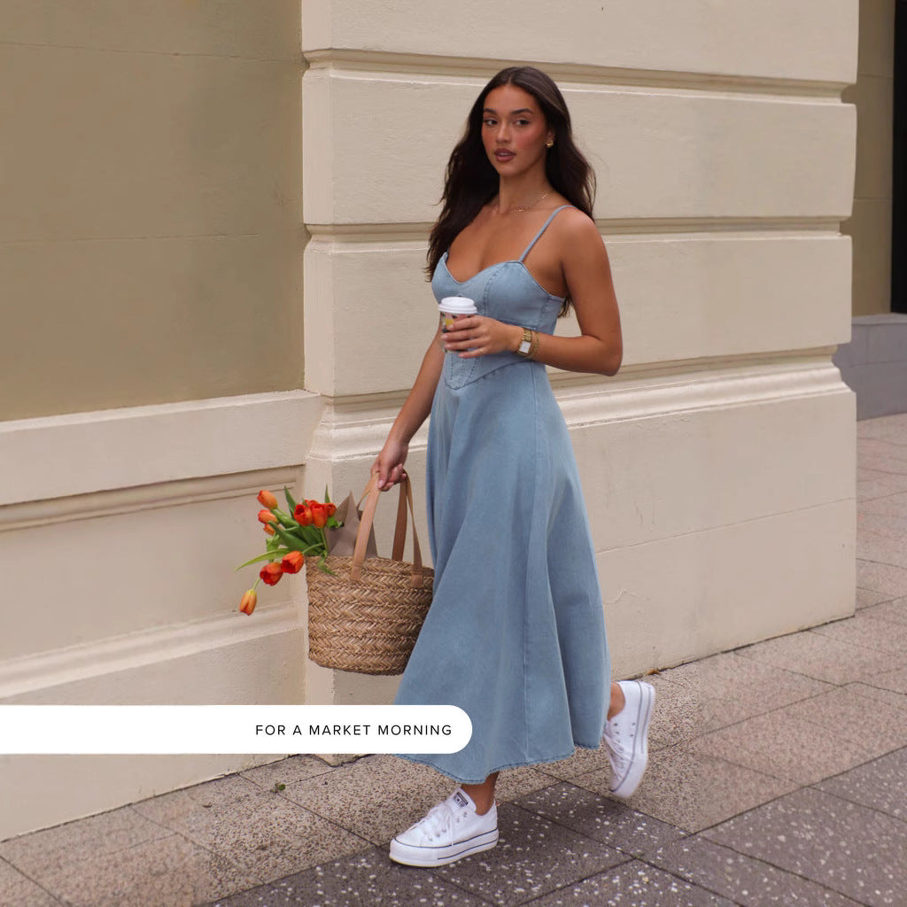 Sleeveless Collection Spaghetti Straps Slimming Imitation Denim Dress