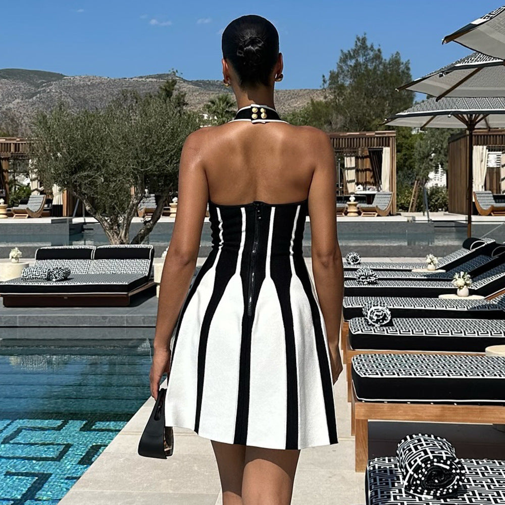 Sweet French Spicy Halter Backless Spaghetti Straps Knitted Striped Dress Bandage Jacquard
