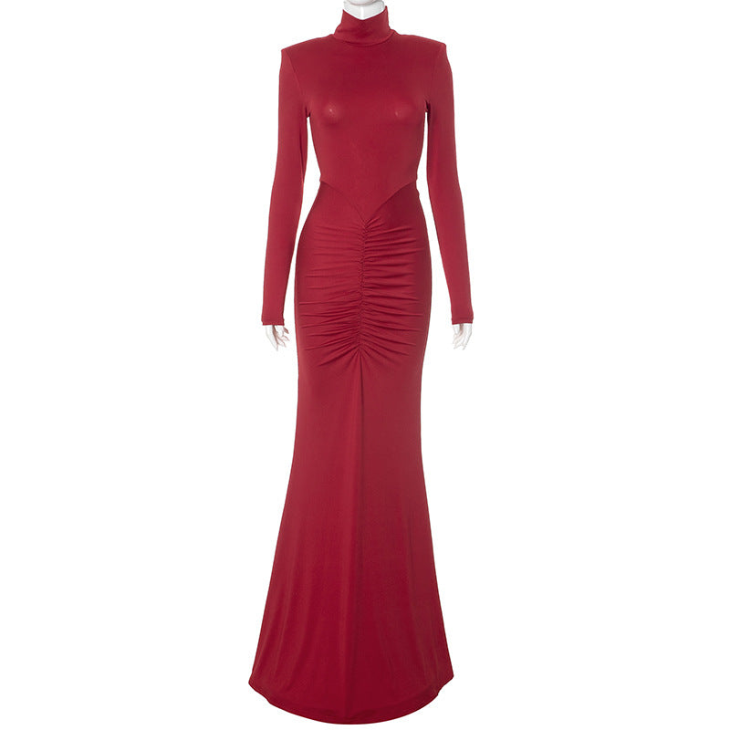 Long Turtleneck Sleeve with Padded Shoulder Pleated Hip Mop Fishtail Dress
