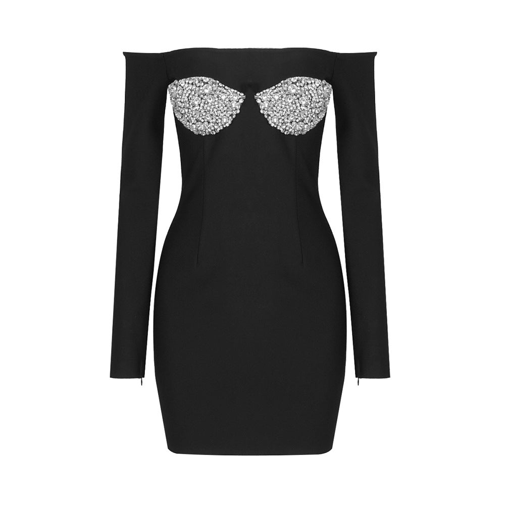 Heavy Black Industry Sequin Diamond Decorations Chest Cup Strapless Stretch Dress Bandage Dress Evening Dress