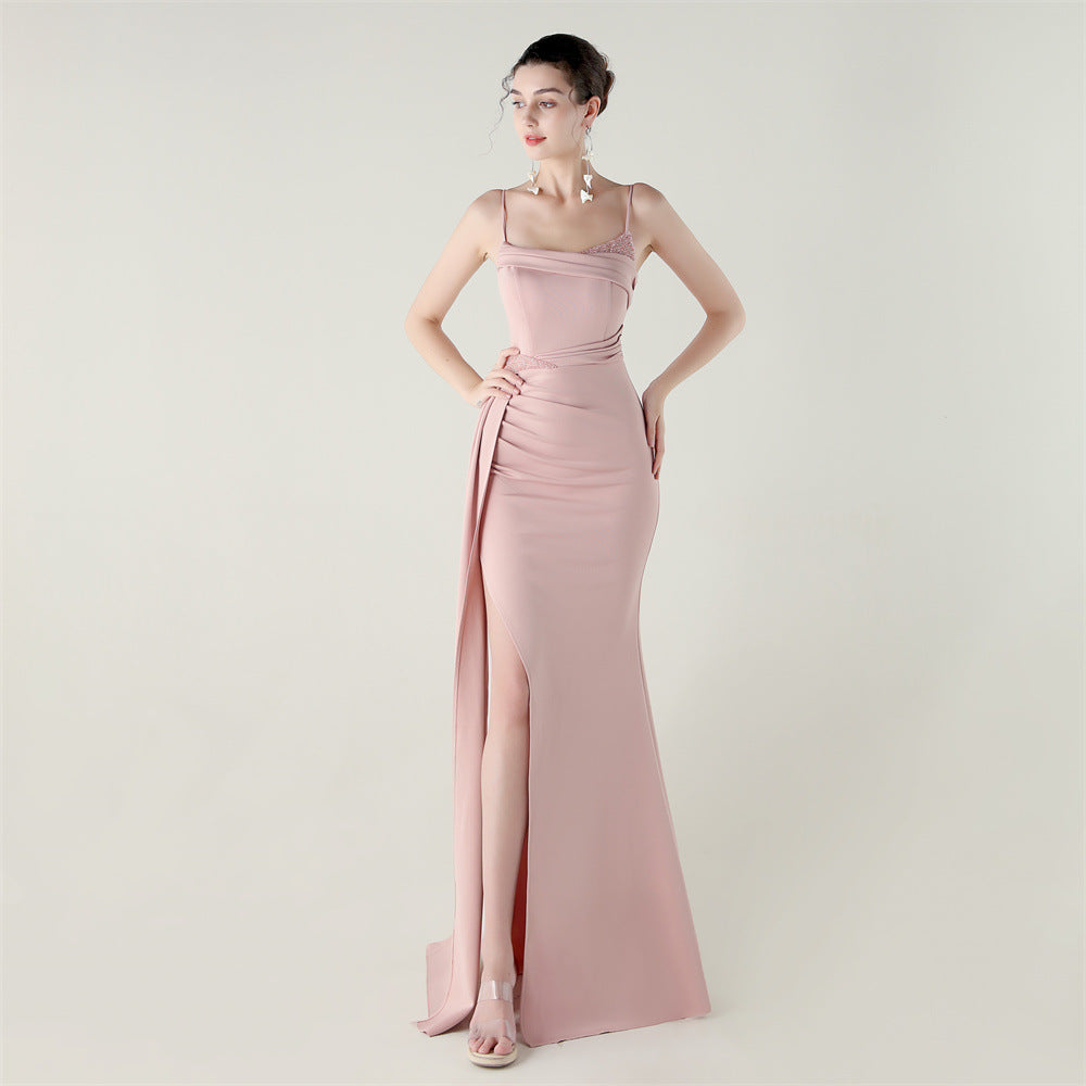 Bandeau Sling Satin Beaded Fishtail Evening Dress Dinner Wedding Dignified Sexy Graceful Dress