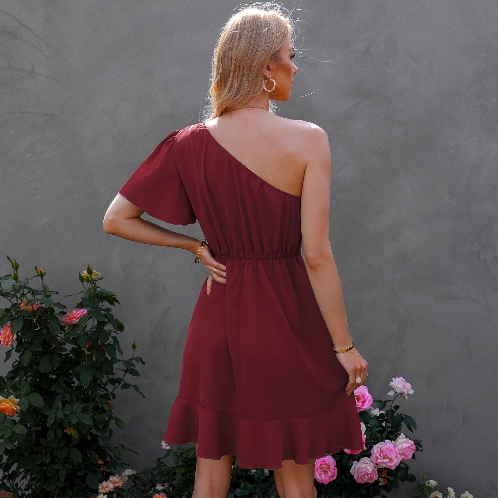 Satin Kaine One Shoulder Ruffle Dress Red FINAL