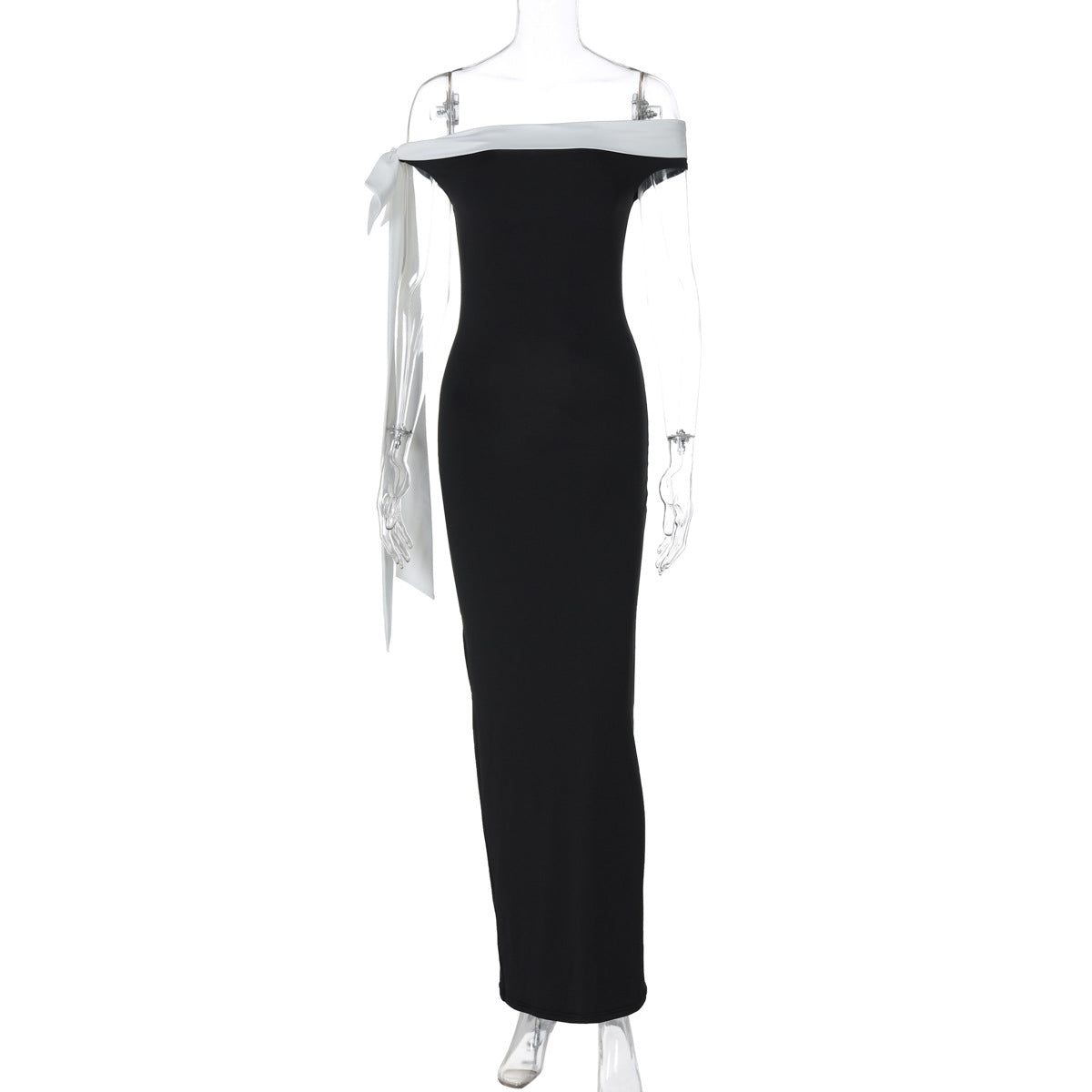Shoulder off Ribbon Slim Solid Color Dress