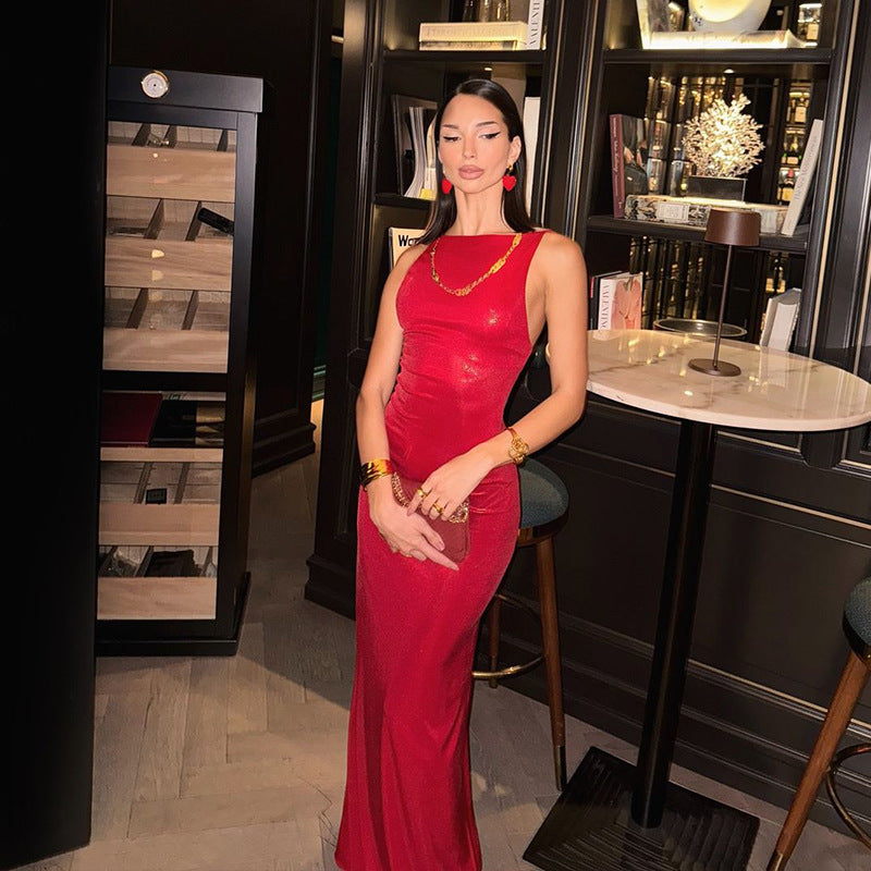 Red Fashionable Elegance Sleeveless Maxi Dress Slim Fit Backless Evening Dress for Ladies