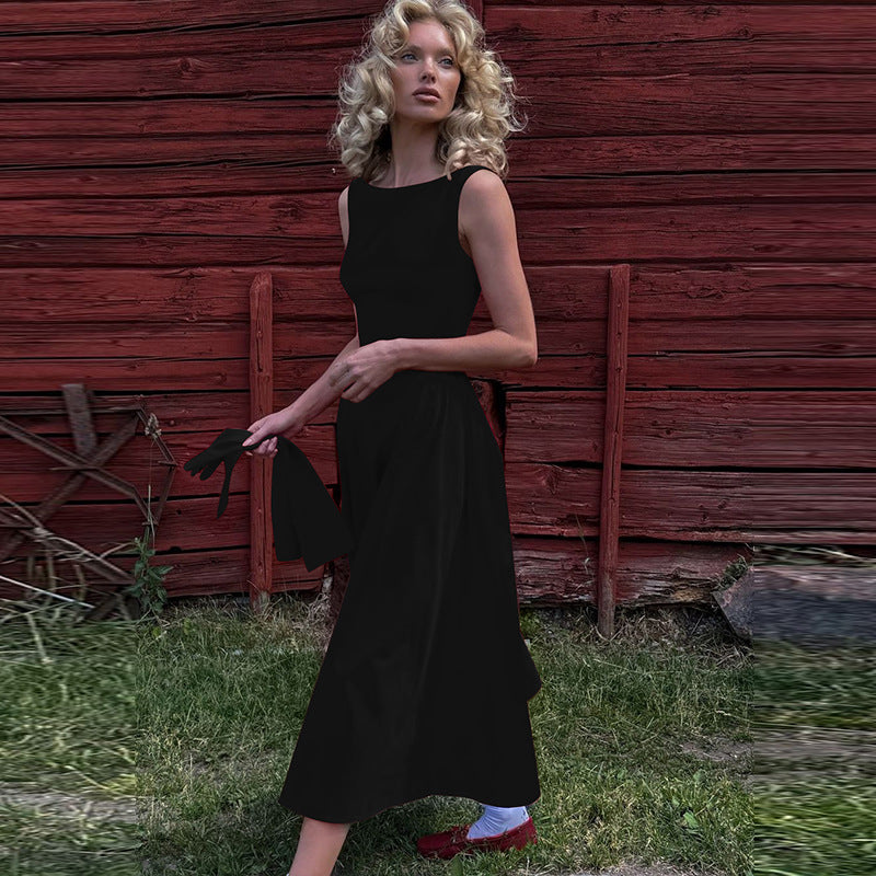 Color Solid Sleeveless Waist Slim Backless Dress