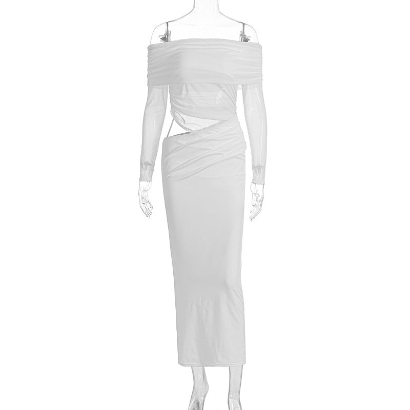 Summer Women Maxi Dress Attractive Mesh Stitching Slim Fit Tube Top Long Sleeve Dress