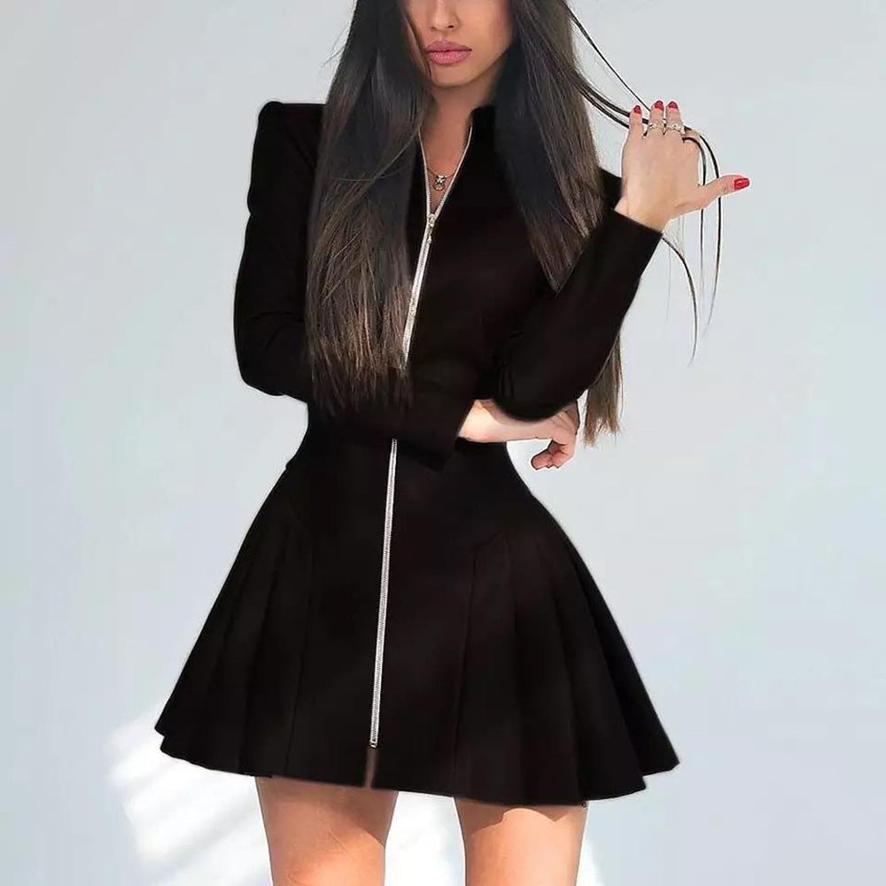 Fitted Fashionable Long Sleeve Pleated Faux Leather Zipper Dress