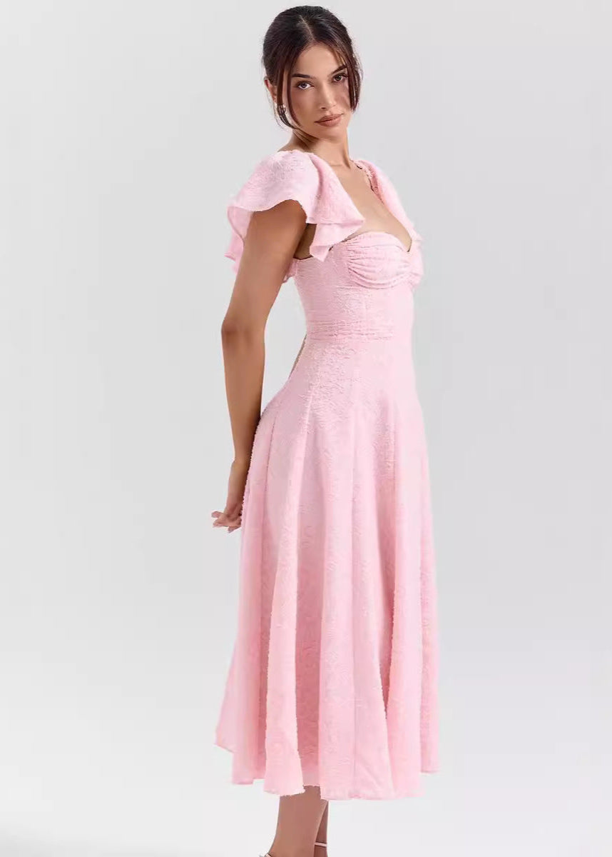 Textured Rosalie Flutter Sleeve Midi Dress