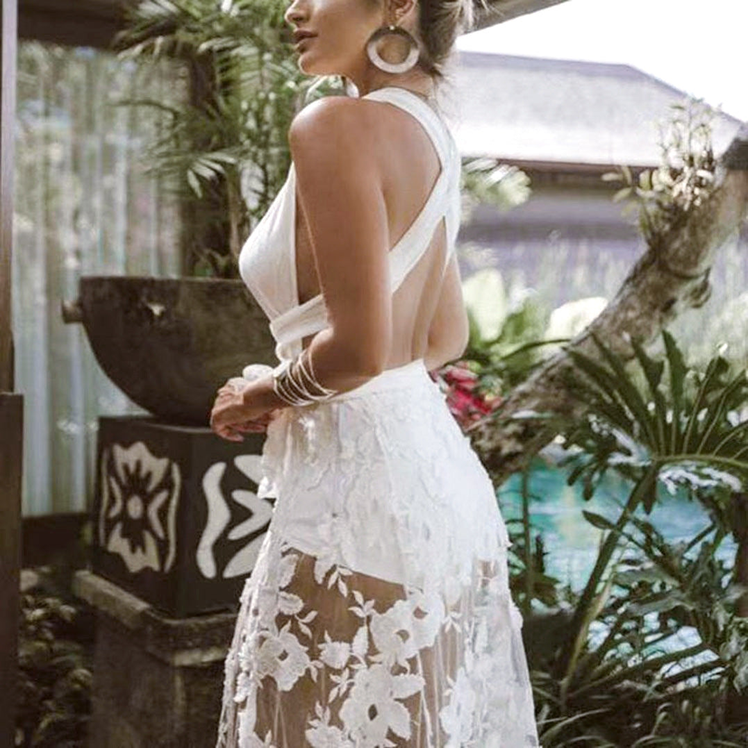 Spring Summer Women Clothes Dress Attractive Lace Cutout Backless Beach Maxi Dress