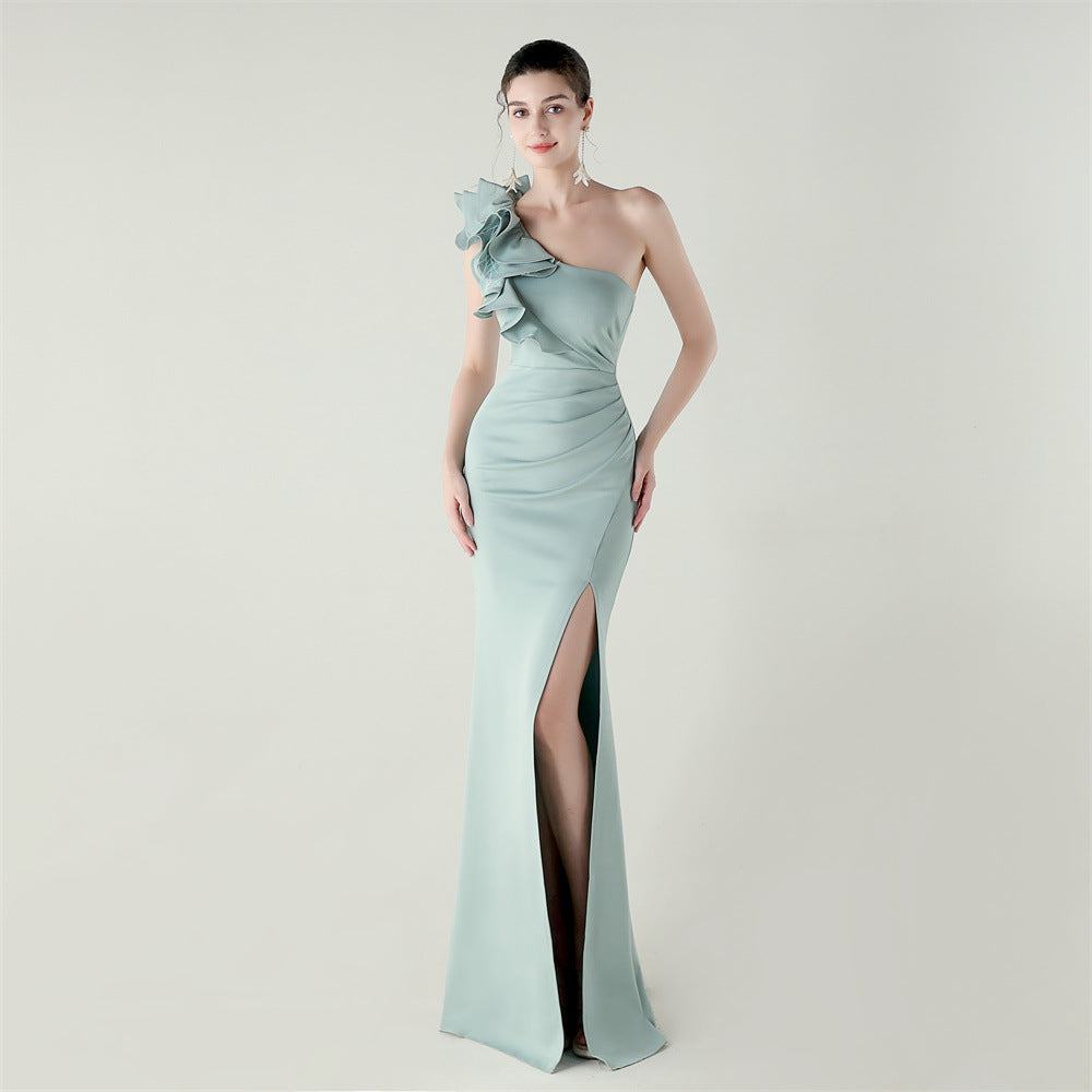 One Shoulder Craft Wave the Craft of Design Gross Satin High Slit Chic Evening Dress Dinner Party Wedding Social Networking