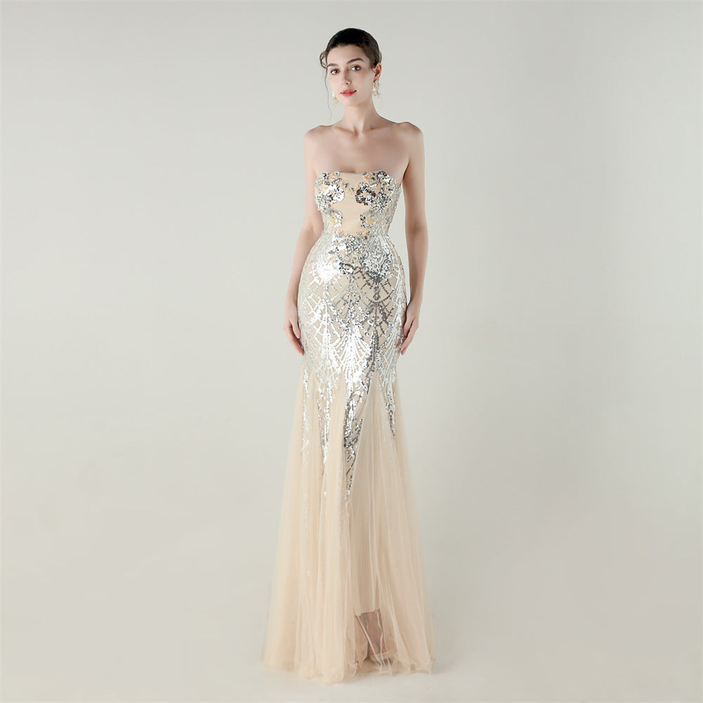 Tube Top Cross Strap Beaded Tube Flower Sequin Mesh Evening Dress Cocktail Wedding Social Elegant Clothing