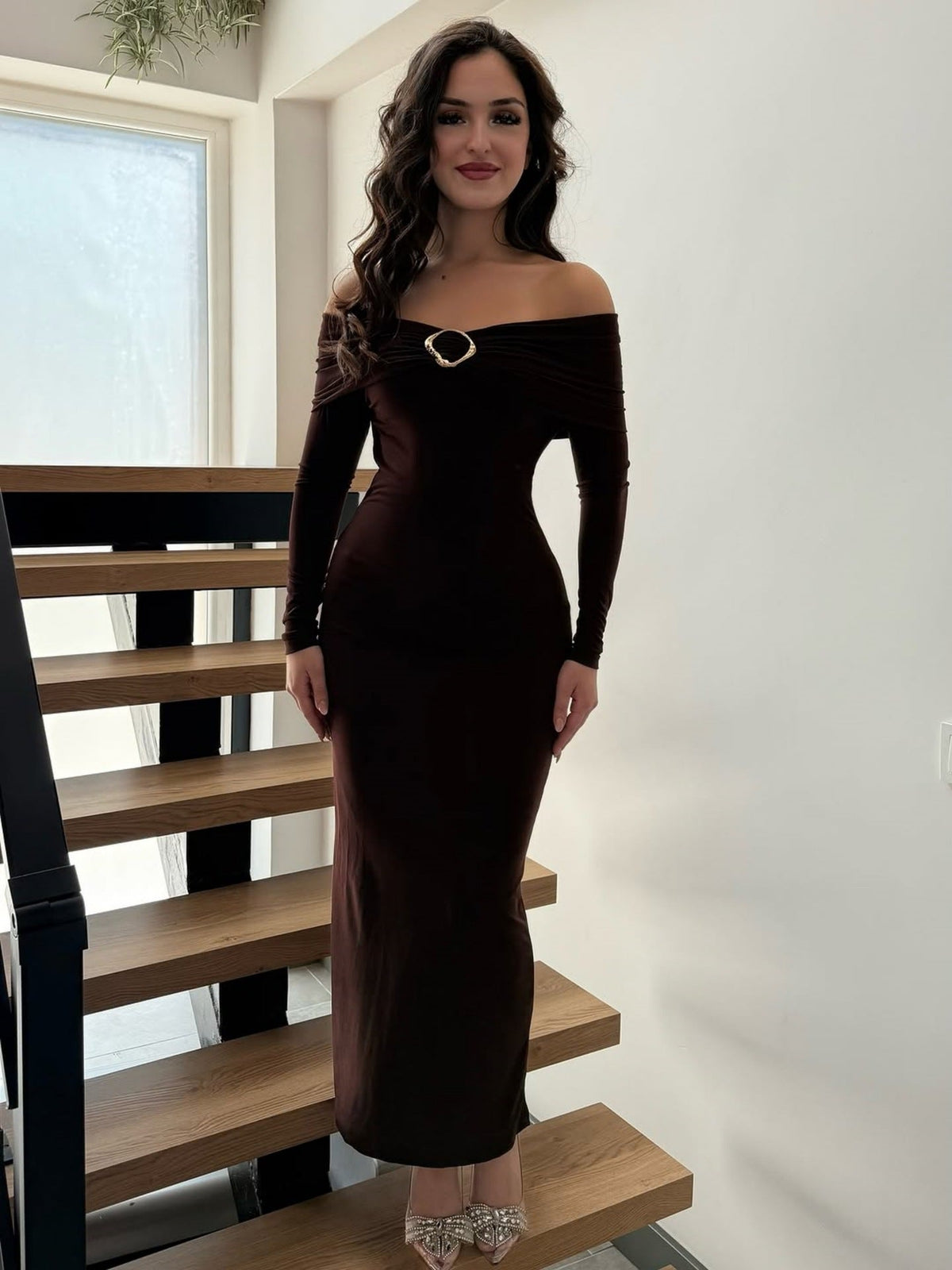 Women Clothing Fall Chic Tube Top off Neck Solid Color Midi Dress