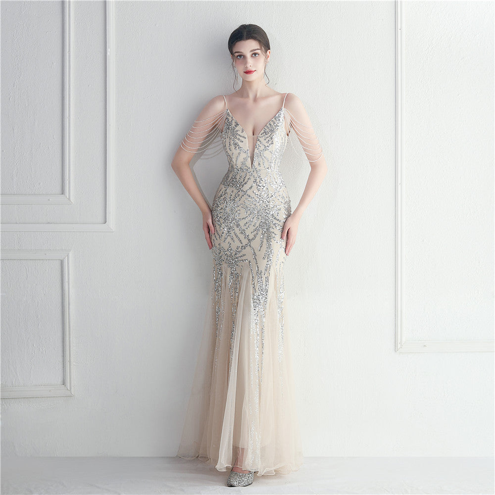 Beaded Bridal Wedding Dinner Extended Camisole Evening Dress