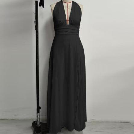 Refined Halter Lace up Chiffon Dress Sexy Sexy Deep V Plunge neck Backless Slit Formal Dress Maxi Dress