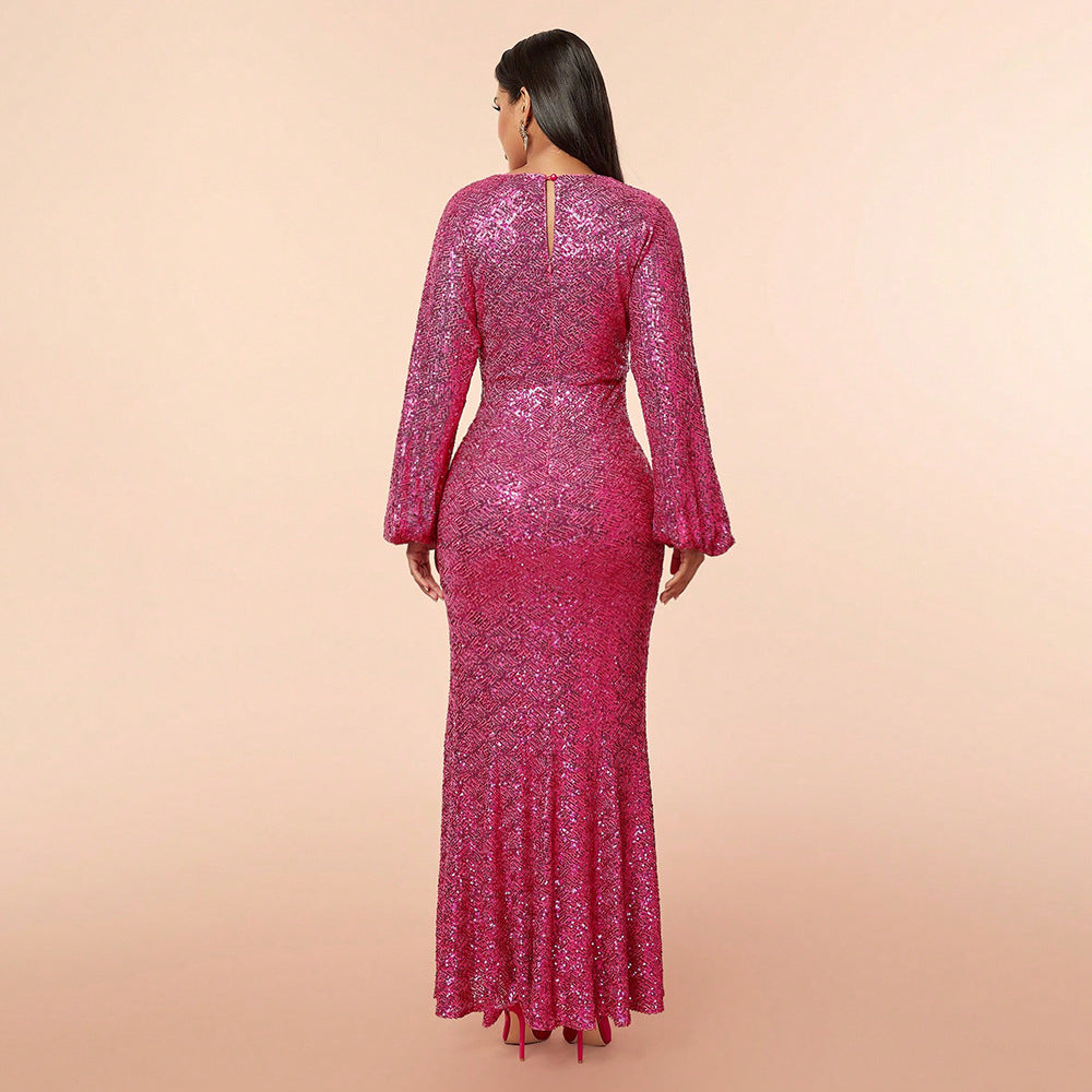 Spring Women Clothing Graceful Dress Sequ Deep V Plunge Split Long Sleeve Maxi Dress