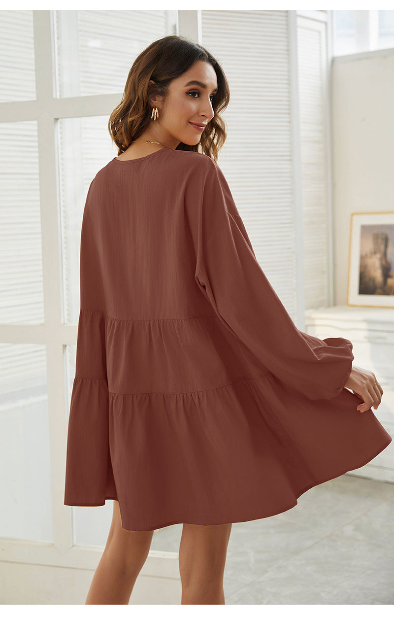 From Autumn To Spring Cotton Babydoll Dress Comfortable Rust