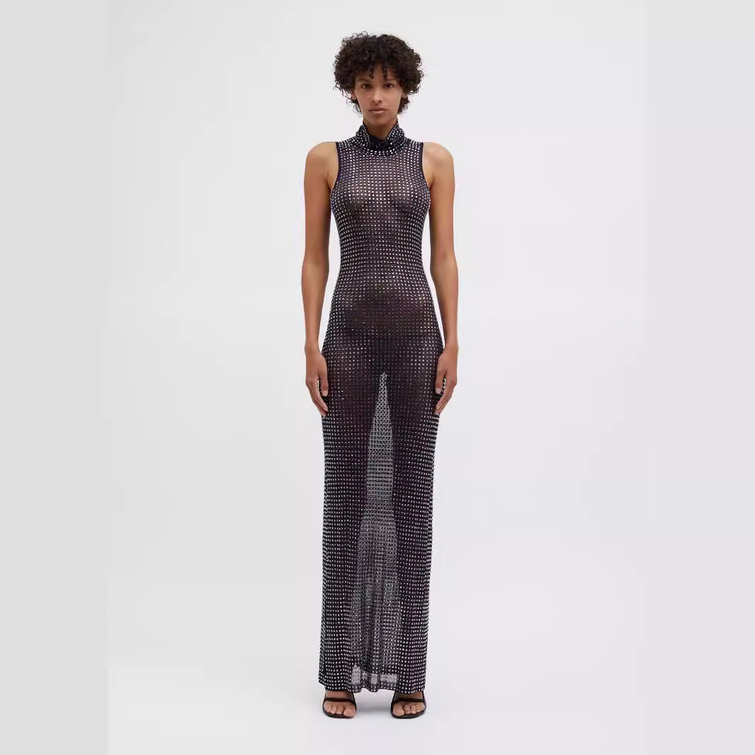Summer Attractive Sheer Cutout Maxi Dress Mesh Rhinestone Sleeveless Maxi Dress Women