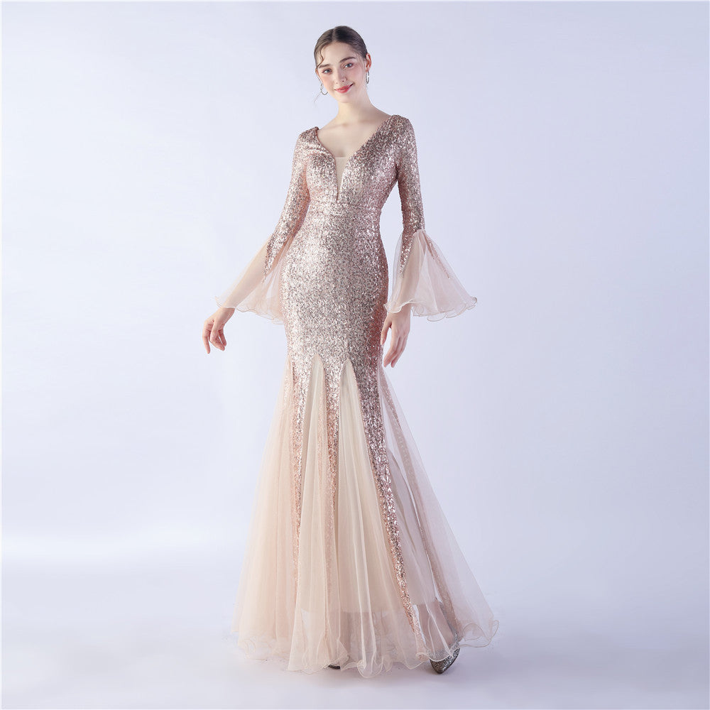 Fish Silk Wave Edge Craft Encryption Mesh Wedding Dinner Stage Sequined Evening Dress