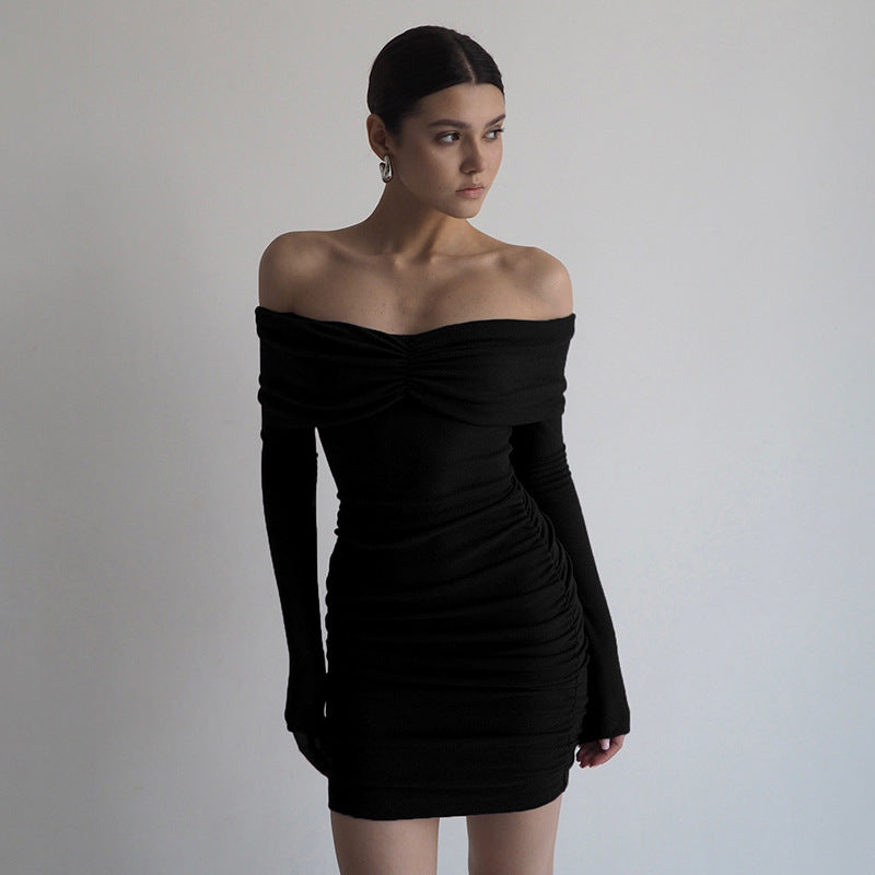 off Pleated the Shoulder Long Sleeve Slim Sheath Short Dress