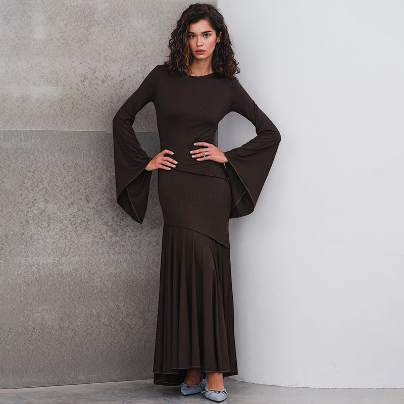 Solid Color Bell Sleeve Waist Tight Graceful Fishtail Dress