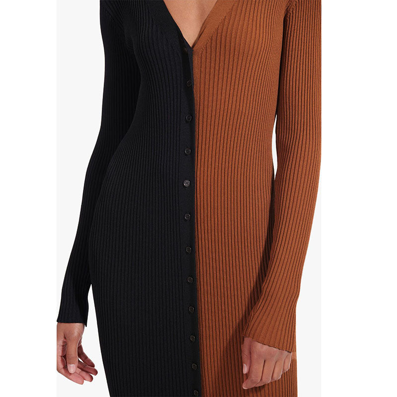 Colorblock Abril Button Front Knit Midi Dress Black Tan