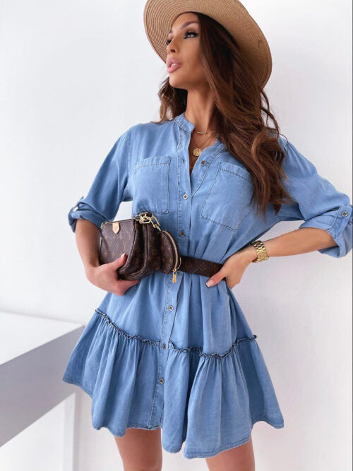 Puff Dallas Sleeve Denim Button Down Dress Medium Indigo